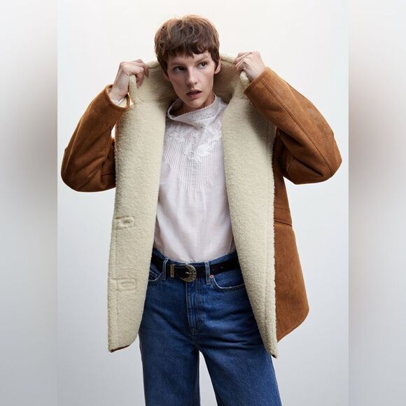 MANGO OVERSIZED SHEARLING-LINED COAT NEW - Picture 9 of 9